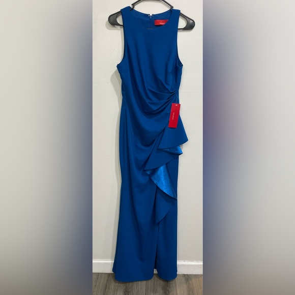 Carmen Marc‎ Valvo Infusion Maxi Formal Sleek Evening Gown Cobalt Blue NWT SZ 8